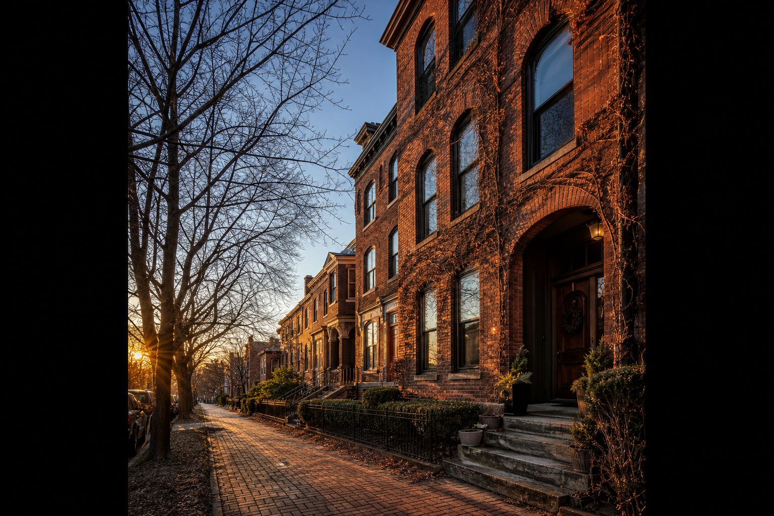 Renovated historic rowhouse with red brick facade and arched windows on a winter afternoon in Lawrenceville Pittsburgh.