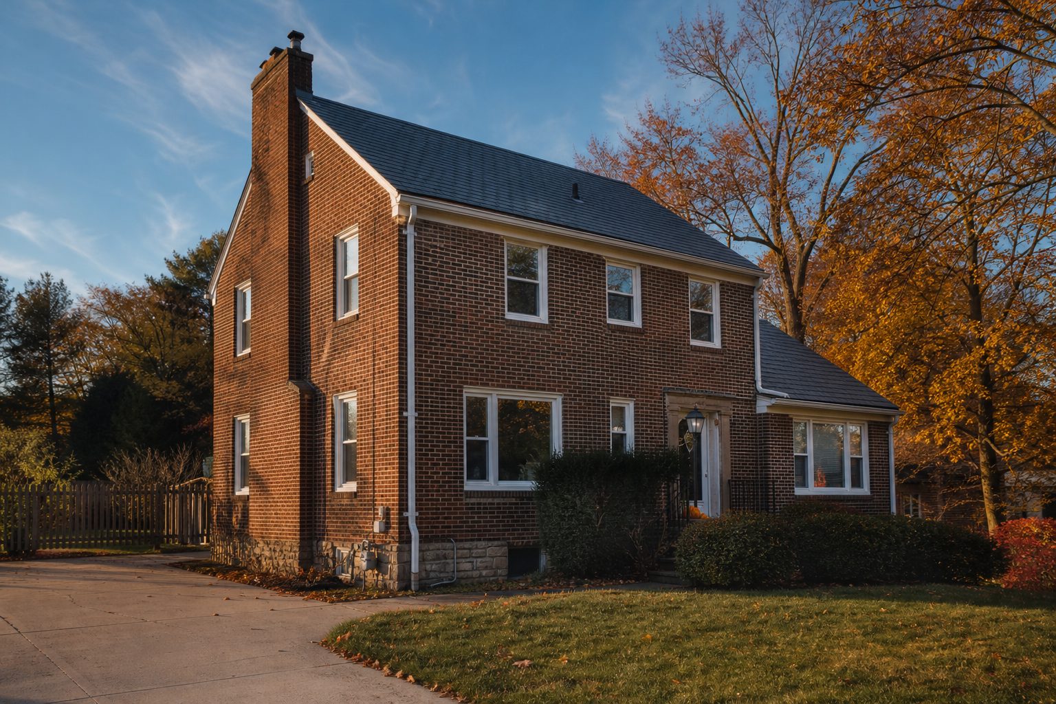 Two-story brick colonial home in Ross Township with mature trees, showing roof drainage system and foundation details.