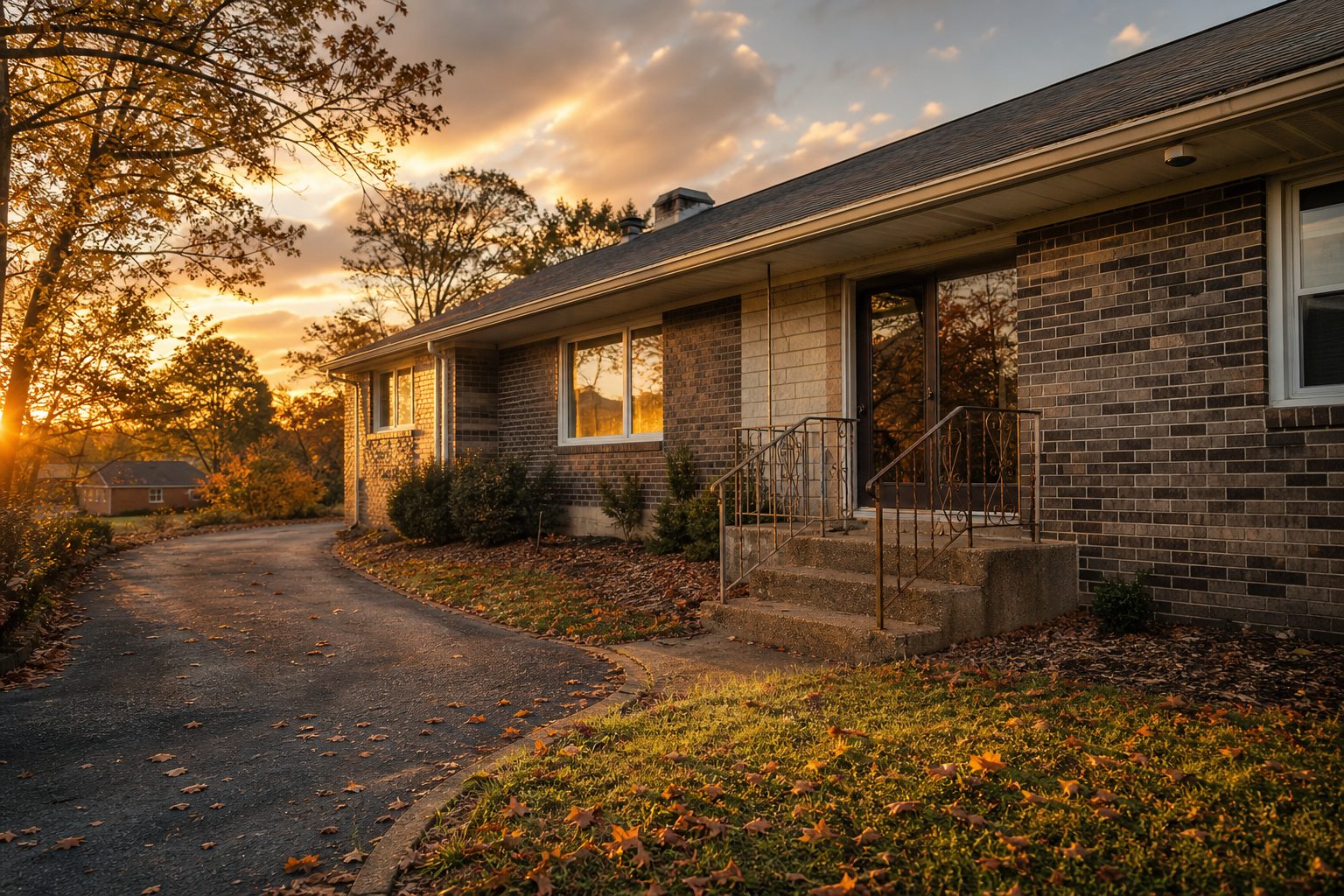 1960s ranch home with iron front steps and mature trees in Shaler Township, Pittsburgh suburbs.