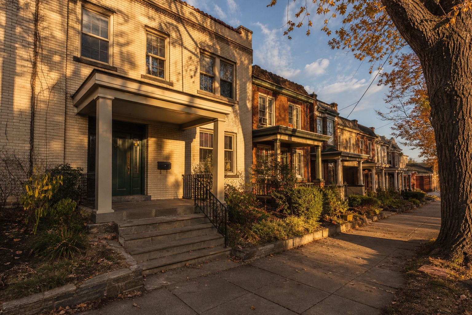 Classic pre-war brick rowhouse in Bellevue with original porch, surrounded by similar historic homes on a tree-lined Pittsburgh street.