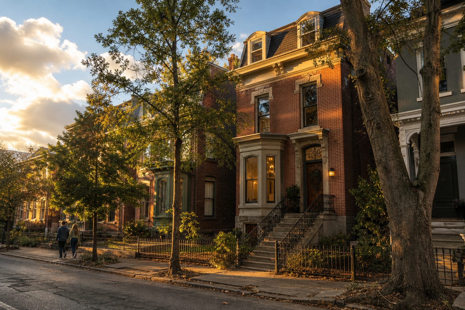 Historic Victorian rowhouse with mature trees on a Lawrenceville street during golden hour, couple walking nearby, autumn foliage.