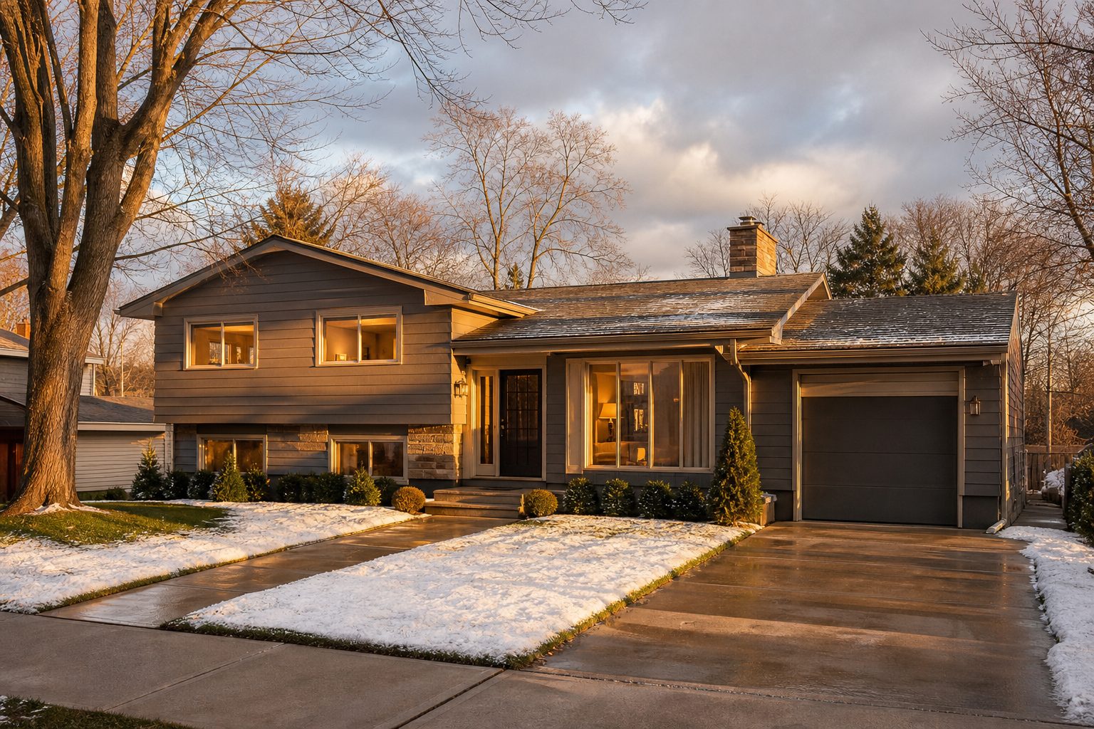 Well-maintained mid-century split-level home in Penn Hills with clear driveway, warm interior lighting, and visible thermostat set to 55 degrees on a
