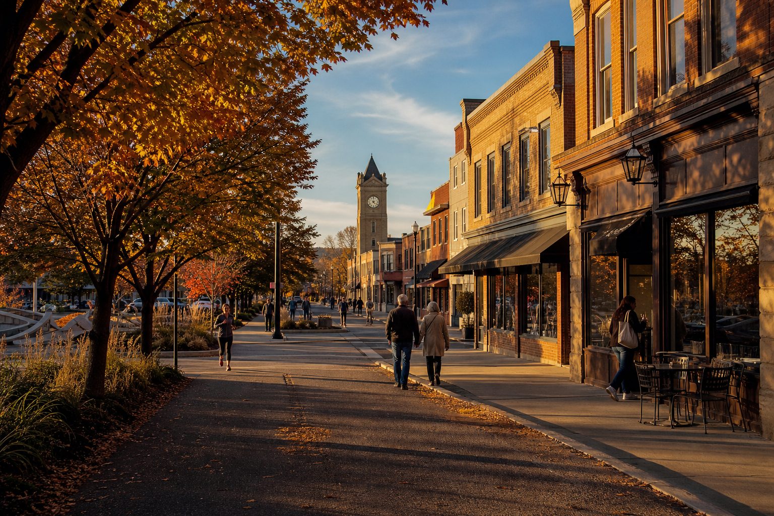 Walkable downtown Allegheny River Boulevard in Oakmont with brick storefronts, mature trees, clock tower, and pedestrians strolling on a fall