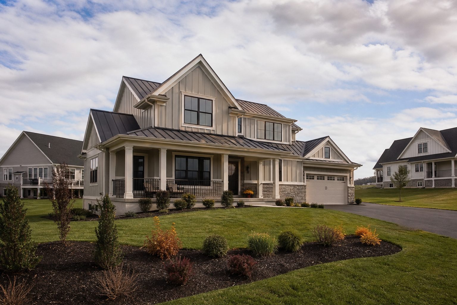 Modern farmhouse with board-and-batten exterior on newly landscaped lot in Cranberry Township's planned community.