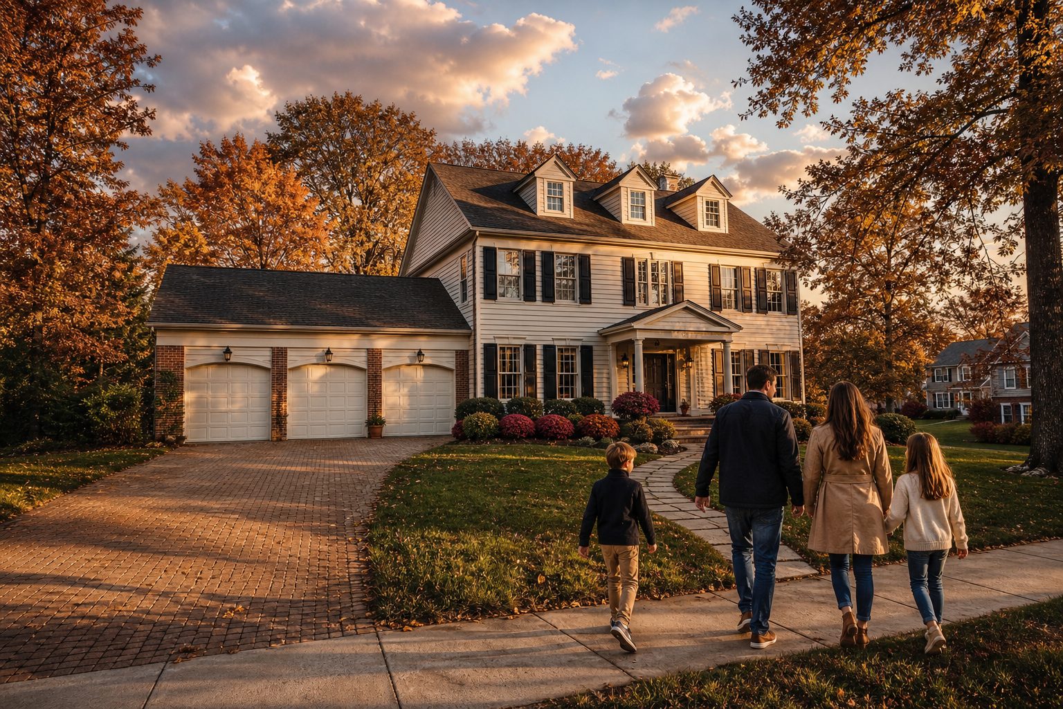 Family walking toward a four-bedroom Colonial home in Wexford with autumn foliage and mature trees in the North Hills.