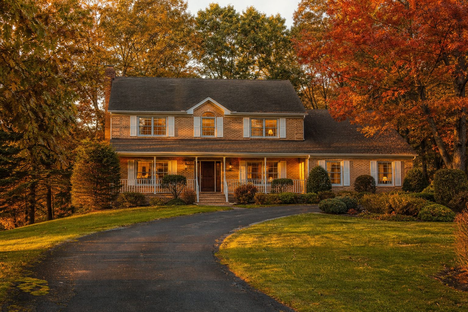 Established two-story colonial home on mature lot with autumn trees and brick facade in Murrysville, Pennsylvania.