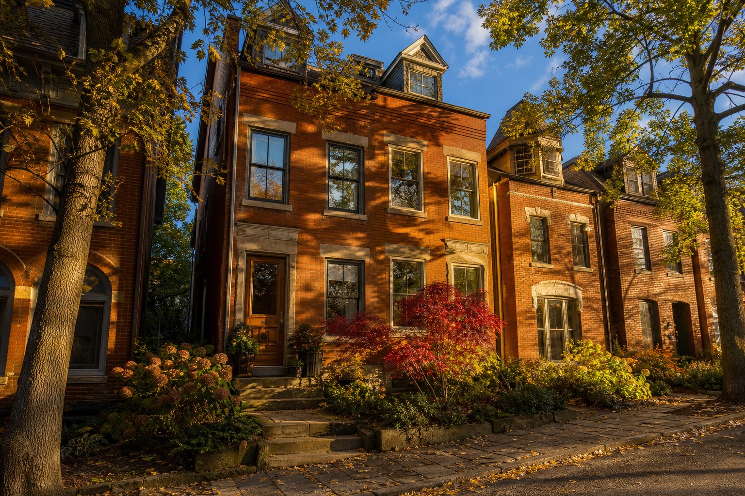 Renovated red brick rowhouse on a tree-lined Lawrenceville street with golden afternoon light and mature fall foliage.