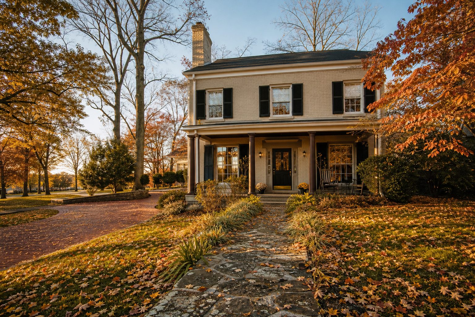 Cream brick colonial home with mature oak trees and circular driveway in Glenshaw, autumn afternoon light on quiet residential street.