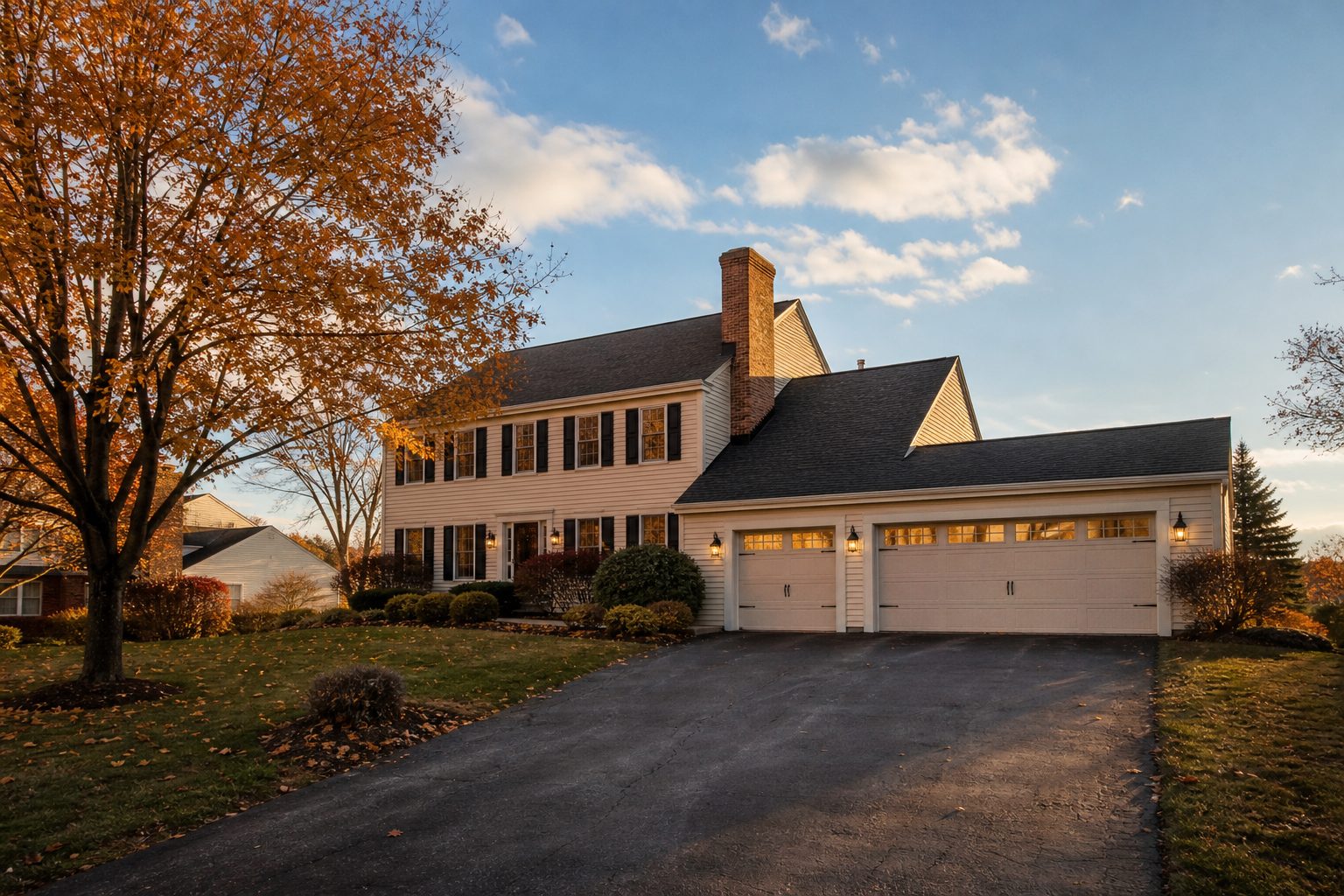 Two-story colonial home with mature maple tree and wide driveway in suburban Cranberry Township, Pennsylvania.