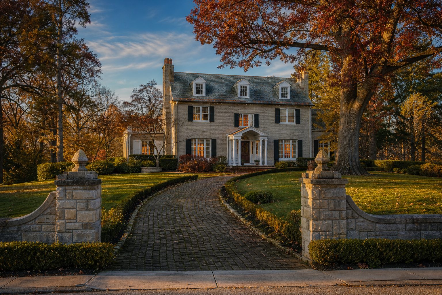 Classic 1930s Colonial Revival home with slate roof and columned portico in Mt. Lebanon's Virginia Manor section at golden hour.