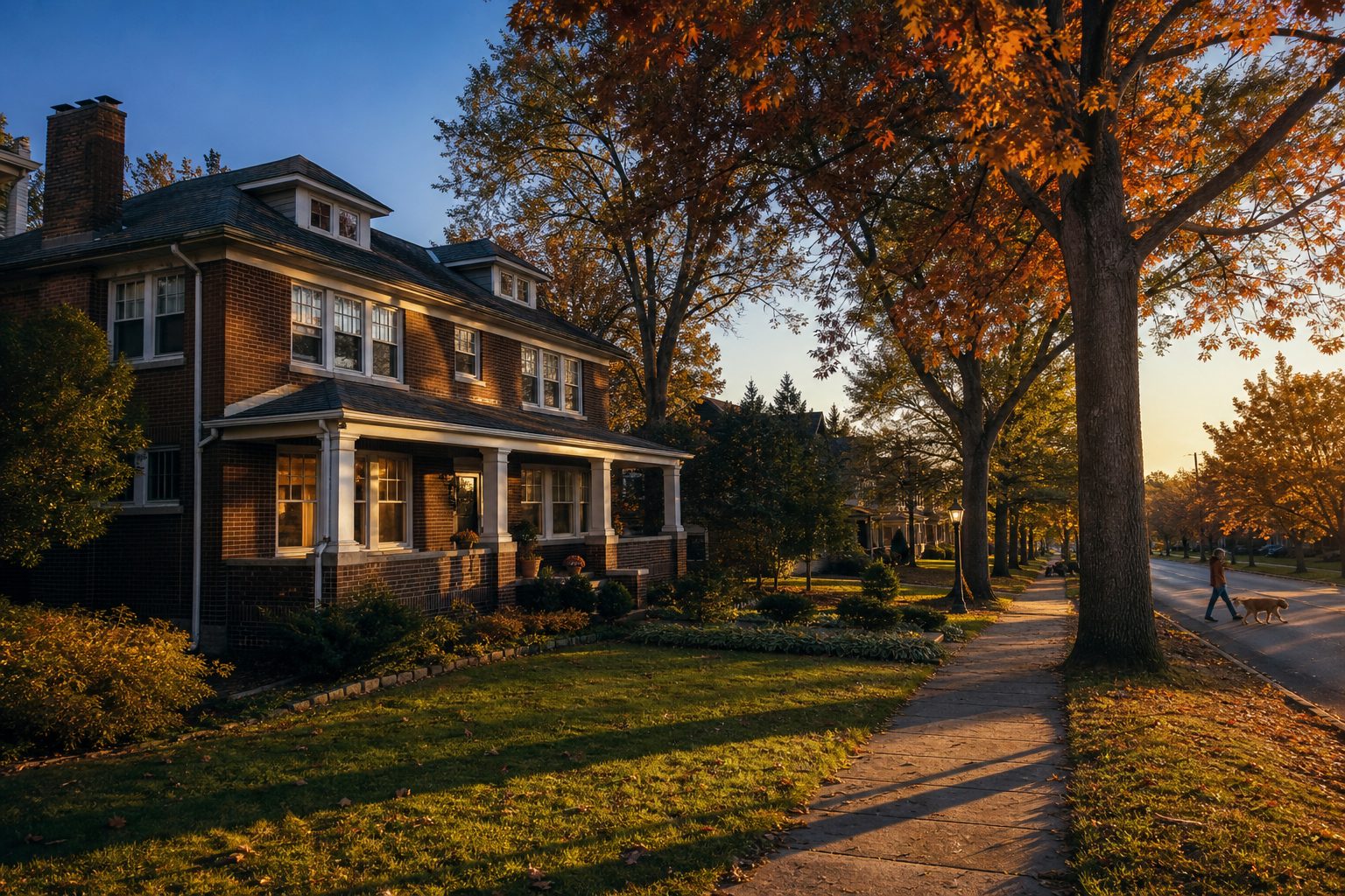 Tree-lined street in West View Borough with a brick colonial home and a neighbor walking a dog at dusk.