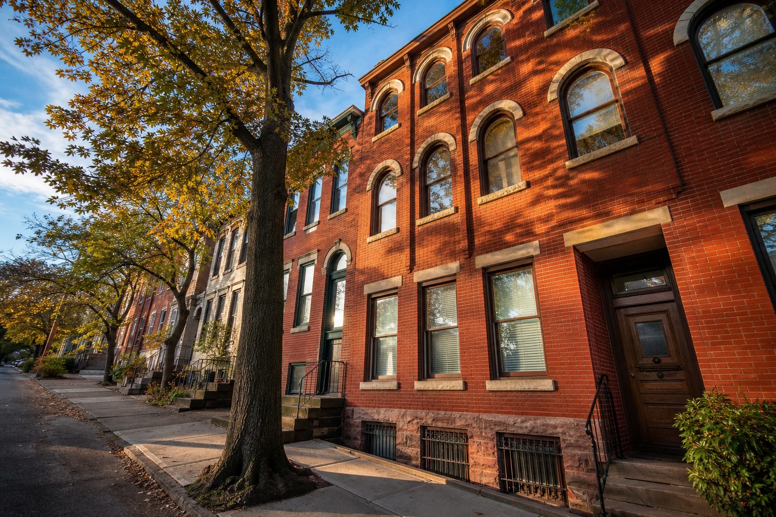 Classic red brick Victorian rowhouse on Lawrenceville's Butler Street with autumn tree light and century-old masonry detail.