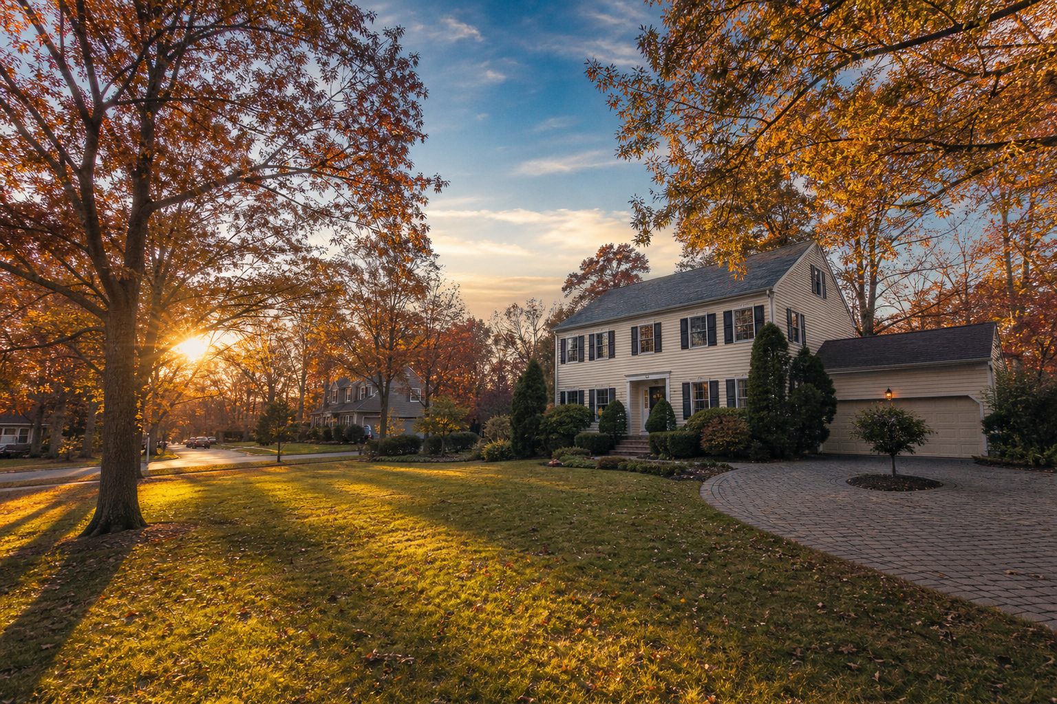 Established colonial home on tree-lined street with autumn foliage in Wexford's Pine Township neighborhood.