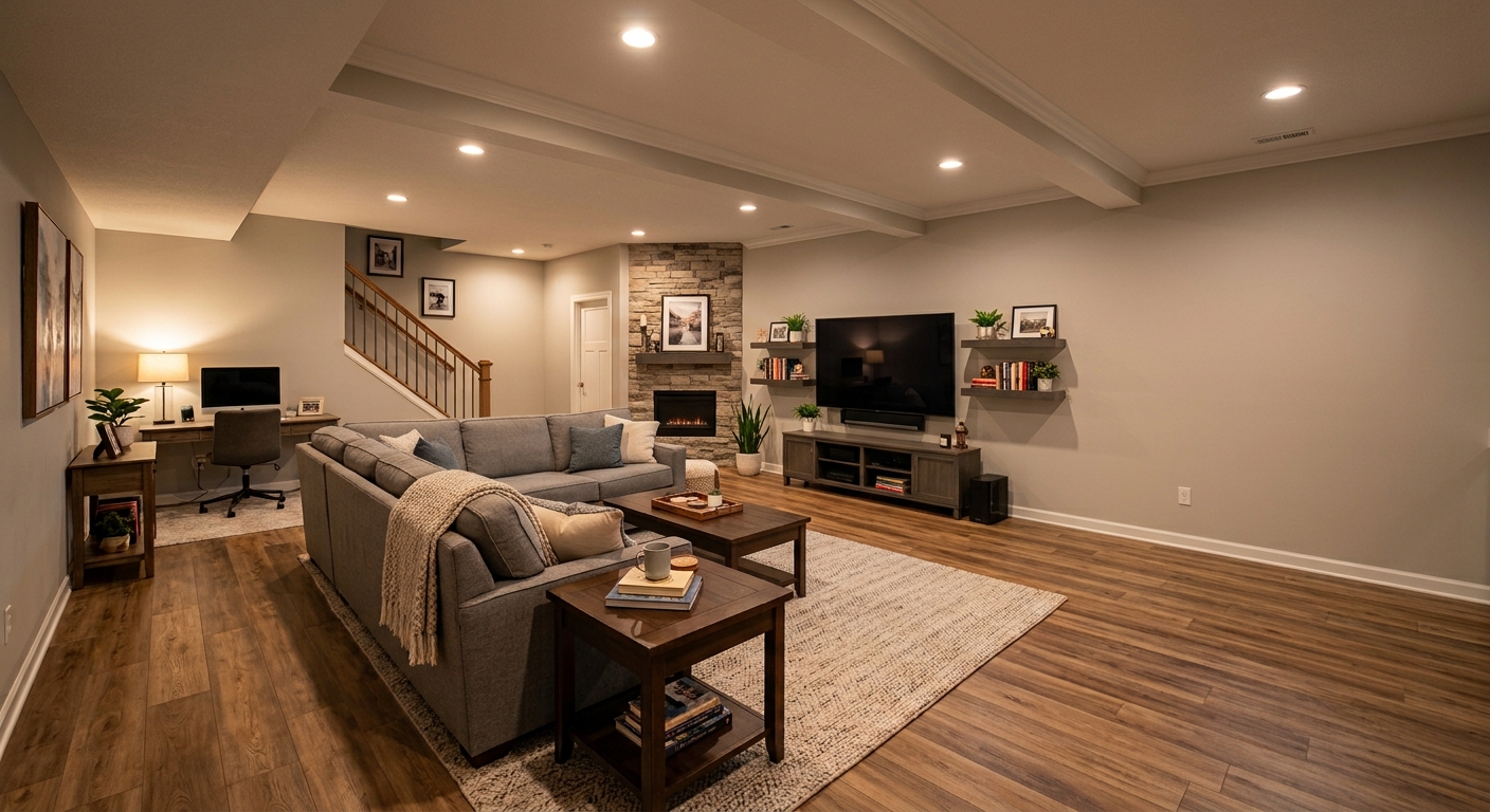 photo of a nicely finished living space in a basement