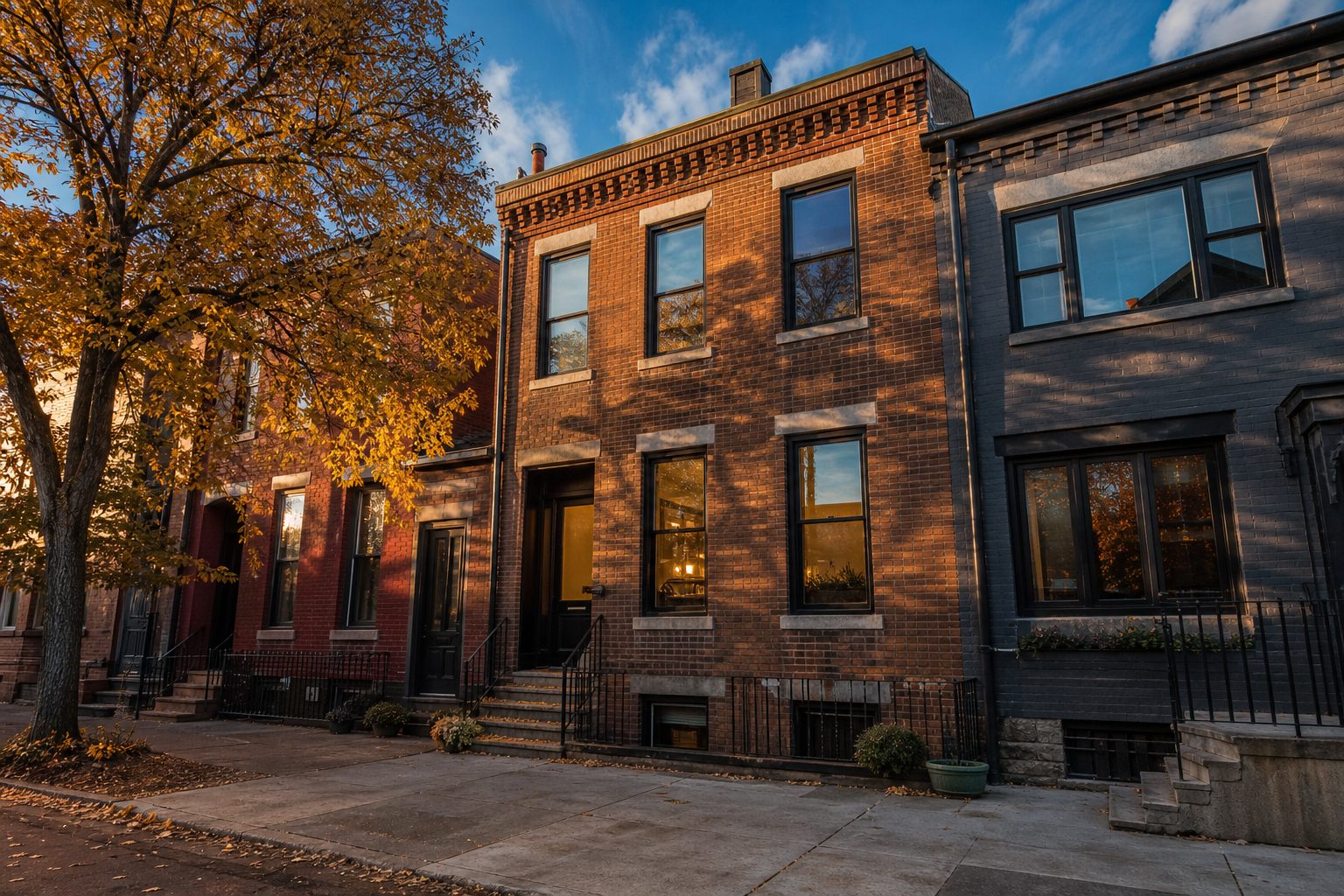Renovated Victorian rowhouse on Lawrenceville street bathed in golden-hour light with mature trees and autumn sky.