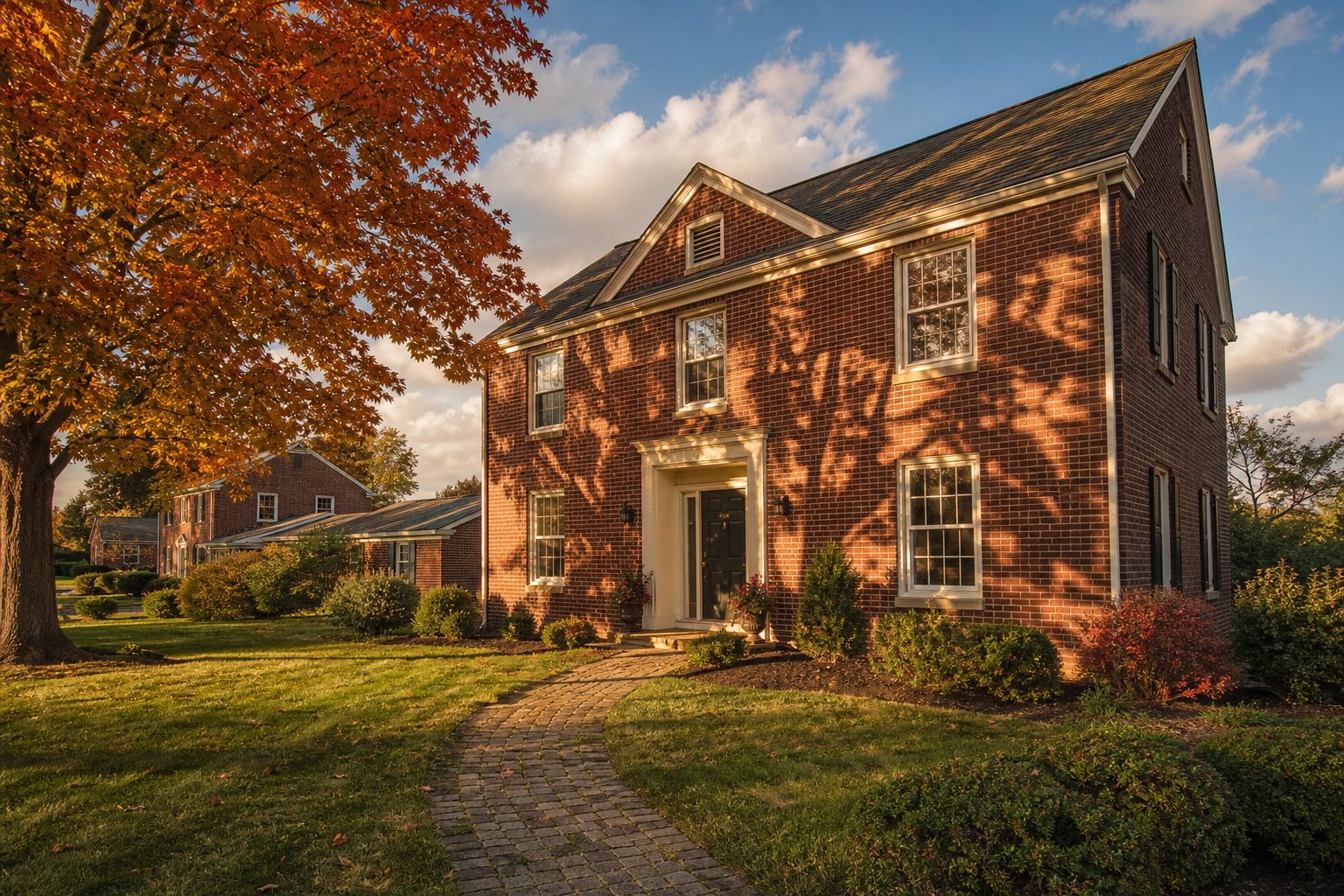 Two-story red brick colonial home in Ross Township with mature maple tree and manicured lawn in afternoon golden light.