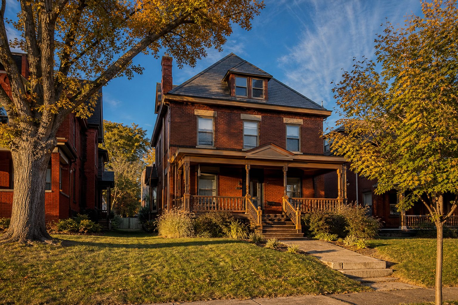 Classic brick row home with front porch and mature trees in Brighton Heights, Pittsburgh neighborhood.
