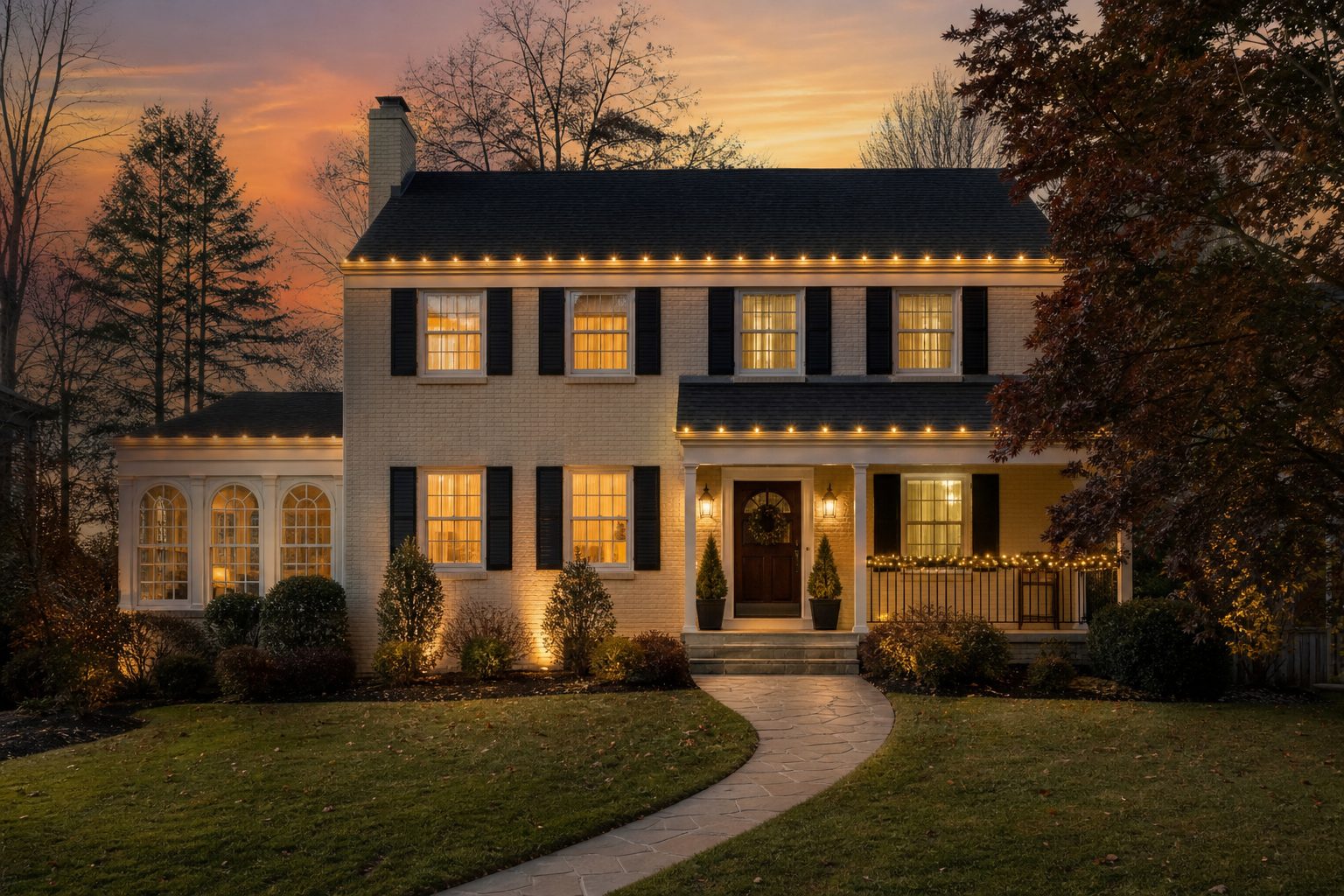 Brick colonial home in Ross Township North Hills with warm porch lights and simple wreath welcoming evening visitors.