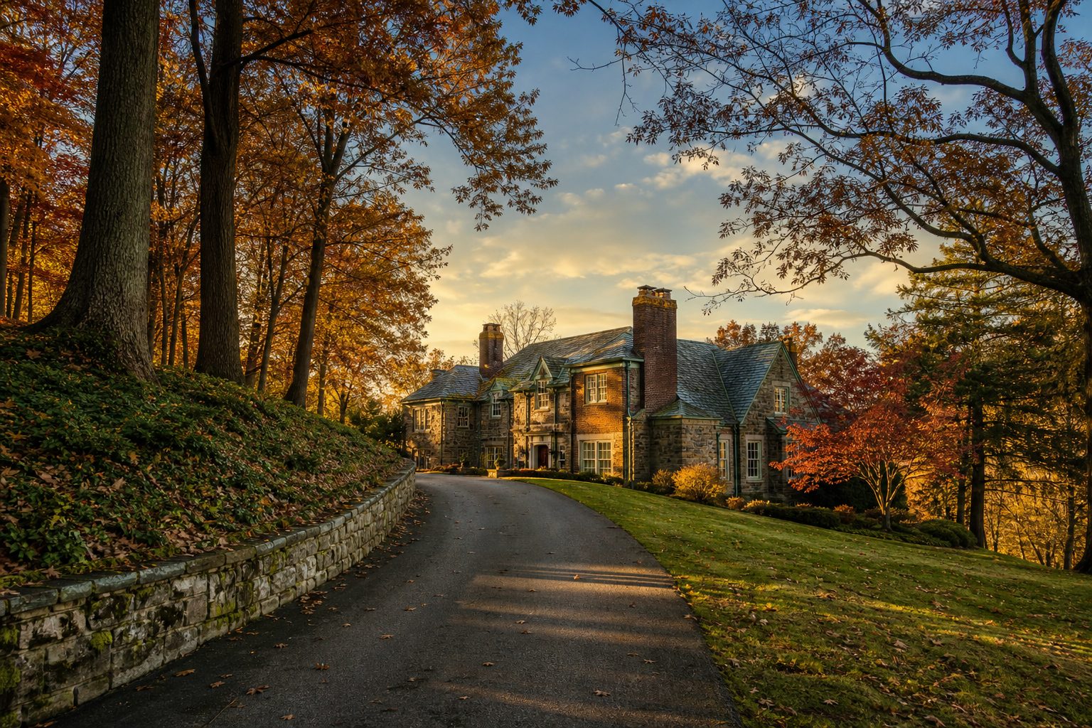 Multi-acre Fox Chapel estate with winding driveway through mature trees, stone retaining wall, and slate-roofed manor home visible at drive's end.