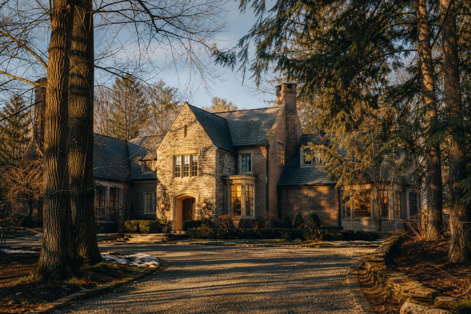Stone colonial revival estate on private wooded drive in Fox Chapel with warm winter sunset light and glowing interior windows.