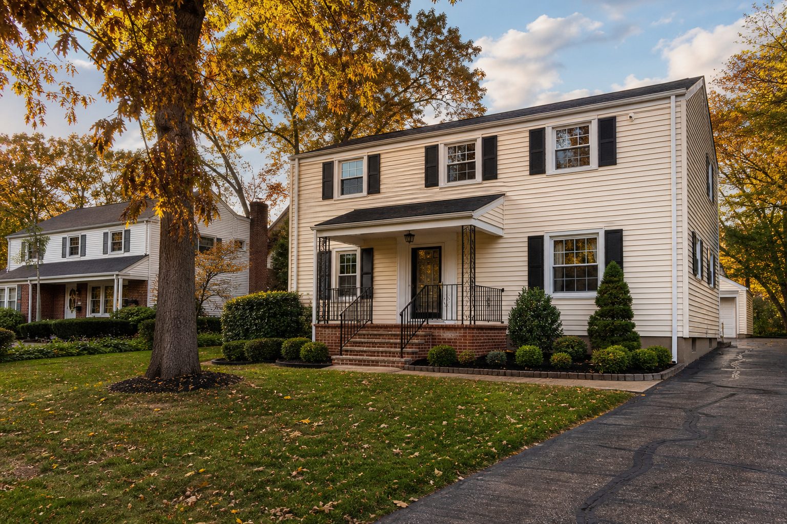 1960s colonial home with fresh railings and landscaping edging on tree-lined street in North Hills, Pittsburgh.